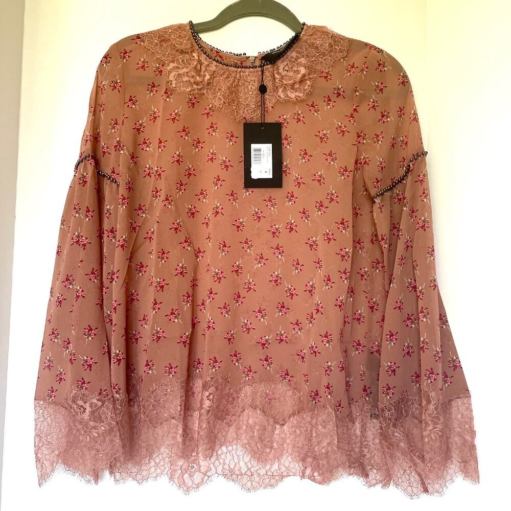 The Kooples Floral Beaded Lace Top Womens Small Pink Bell Sleeve Boho Blouse